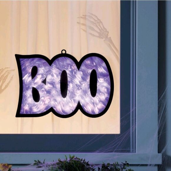 New, 10" LED Hanging "BOO" with Flame Effect Purple Halloween Silhouette Light - Picture 7 of 7
